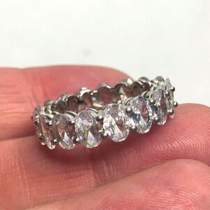 1577 Silver tone Oval CZ eternity band ring sz 8